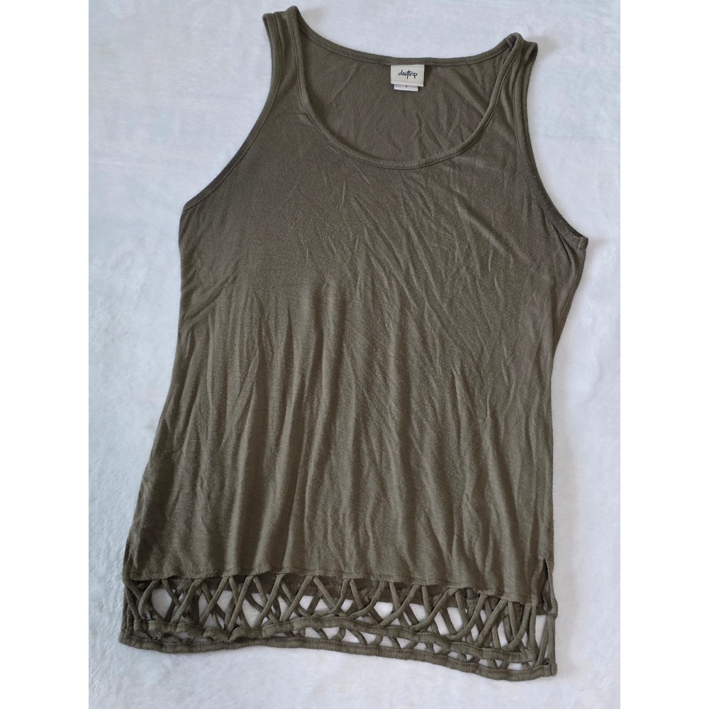 Daytrip Women Olive Green Lattice Hem Scoop Neck Sleeveless Tank Top Small